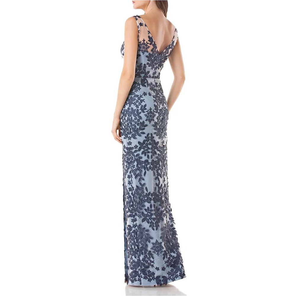 JS Collections Light Blue and Navy Lace Appliqué Evening Gown - Picture 2 of 13